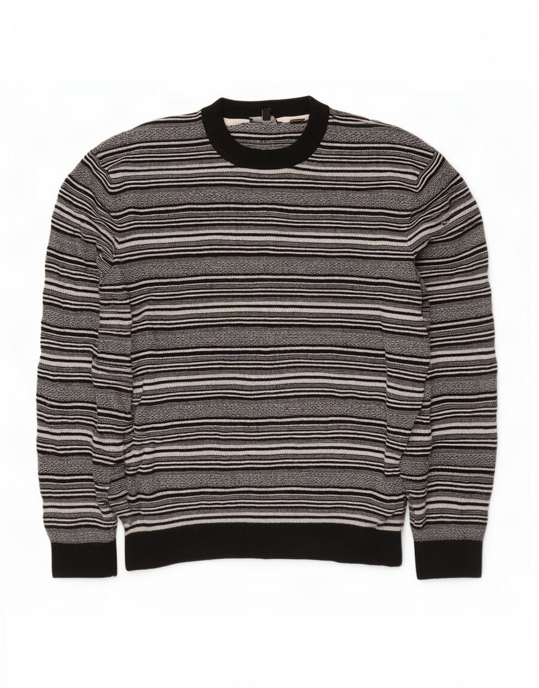 Suéter masculino Ted Baker com gola redonda, tamanho 5 XL, viscose listrada preta