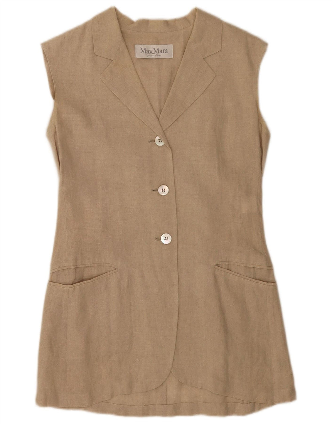 Jaqueta blazer feminina sem mangas com 3 botões Max Mara Reino Unido 10 linho bege pequeno