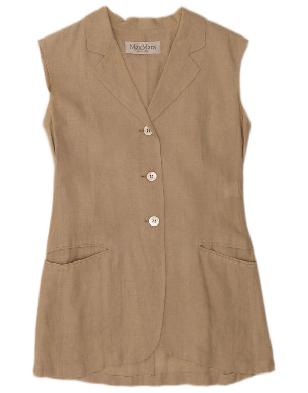 Jaqueta blazer feminina sem mangas com 3 botões Max Mara Reino Unido 10 linho bege pequeno