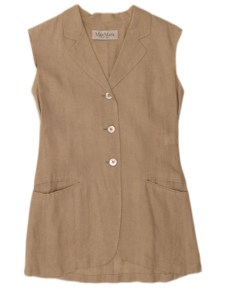 Jaqueta blazer feminina sem mangas com 3 botões Max Mara Reino Unido 10 linho bege pequeno