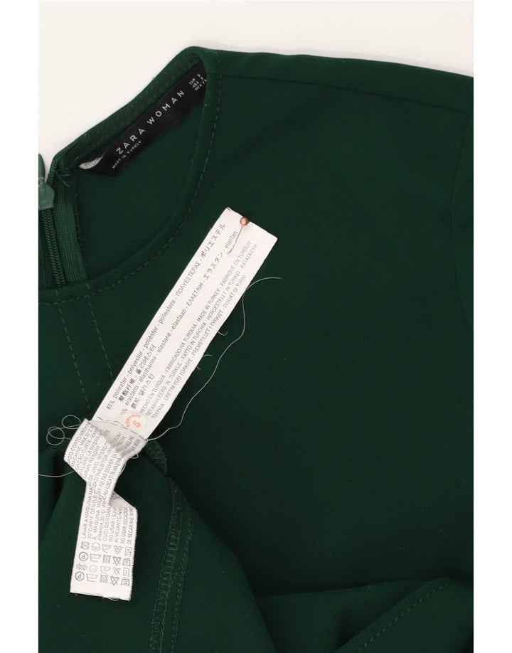 Vestido feminino Zara manga comprida evasê Reino Unido 10 pequeno poliéster verde