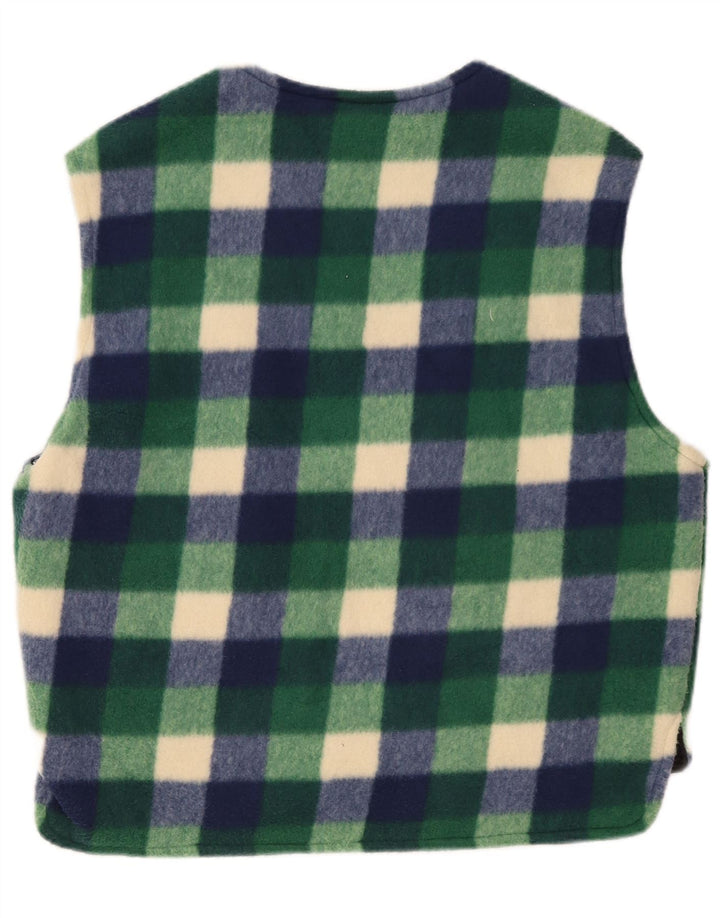 Vintage Mens Fleece Gilet UK 38 Poliéster Gingham Verde Médio