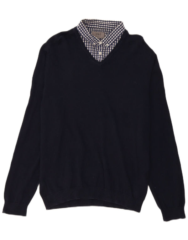 Suéter masculino Marks & Spencer com gola polo grande guingão azul marinho