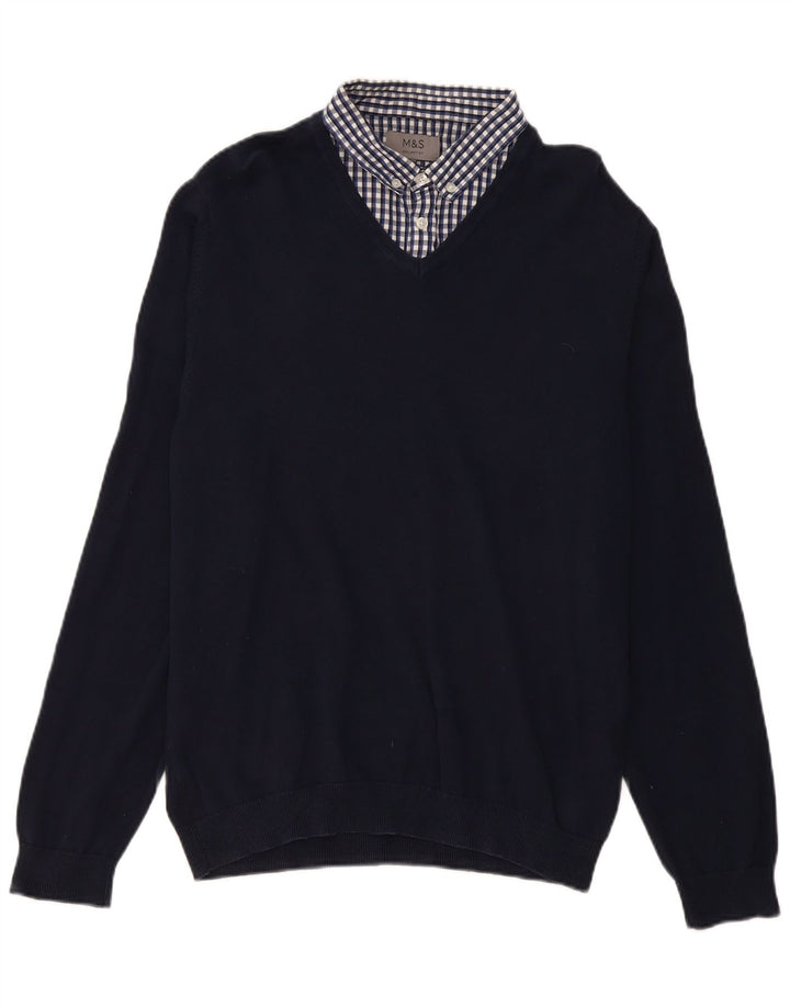 Suéter masculino Marks & Spencer com gola polo grande guingão azul marinho