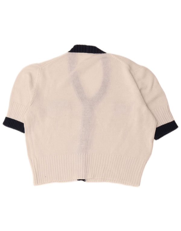 Suéter cardigã feminino vintage de manga curta UK 12 bloco colorido branco médio