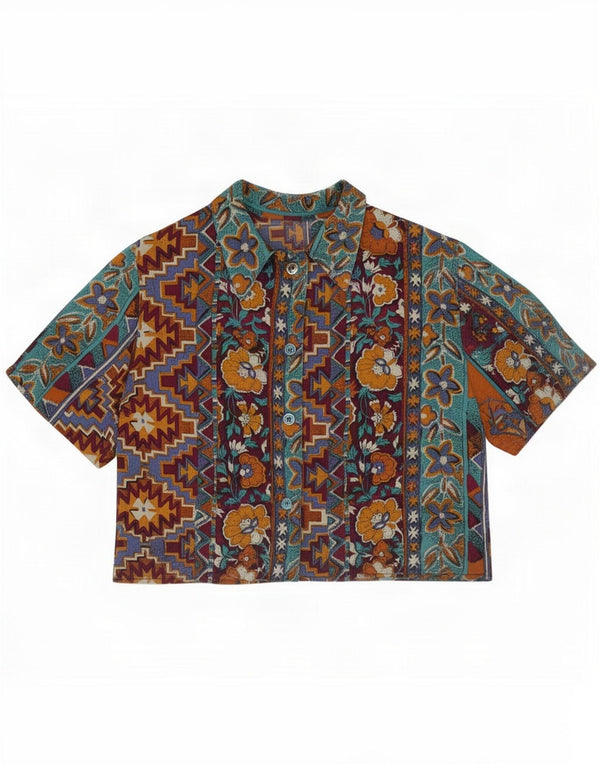 Blusa de camisa feminina vintage UK 14 floral multicolorido médio