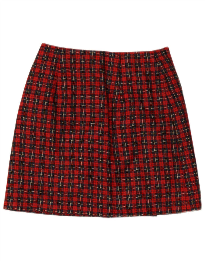 Mini saia envoltória feminina vintage IT 42 médio W28 lã virgem xadrez vermelha