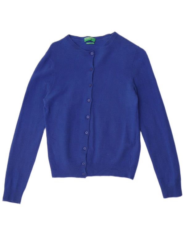 Suéter feminino Benetton Crop Cardigan UK 12 médio azul lã nova