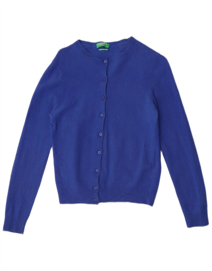 Suéter feminino Benetton Crop Cardigan UK 12 médio azul lã nova