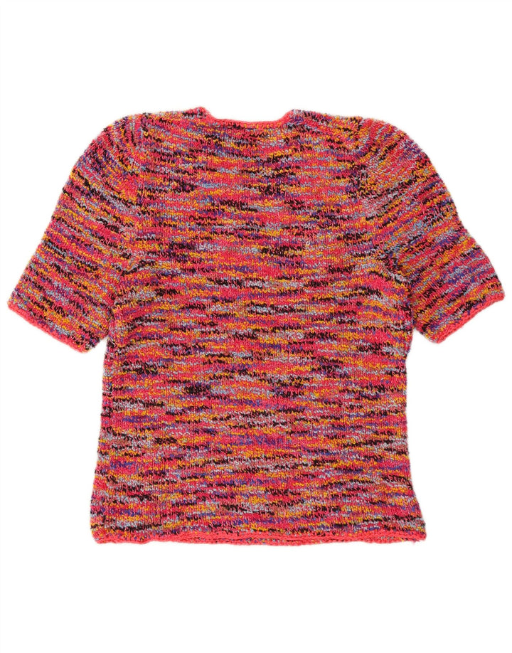 Suéter feminino vintage com gola redonda UK 10 pequeno multicolorido manchado