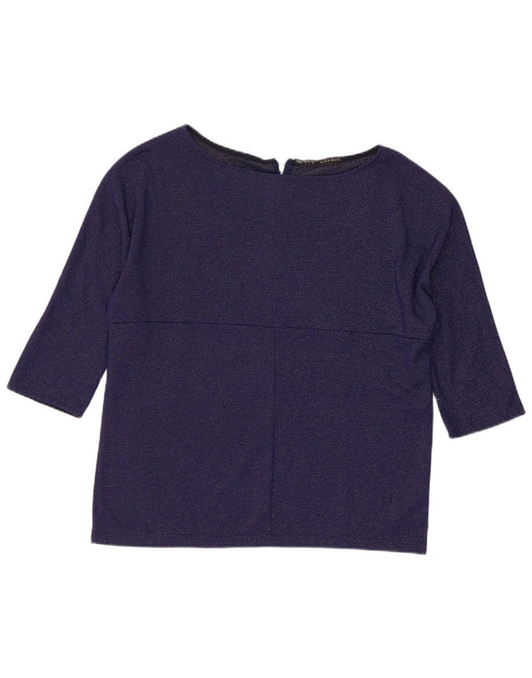 Top feminino Zara manga 3/4 UK 16 grande poliéster azul marinho