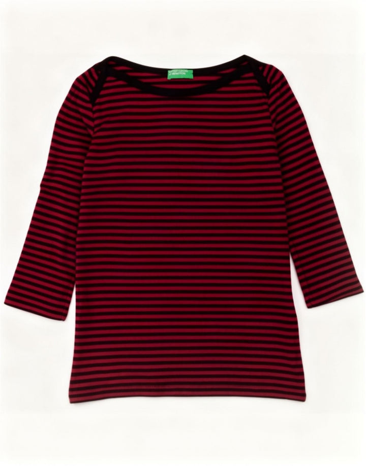 Top feminino Benetton manga 3/4 UK 12 algodão listrado vermelho médio