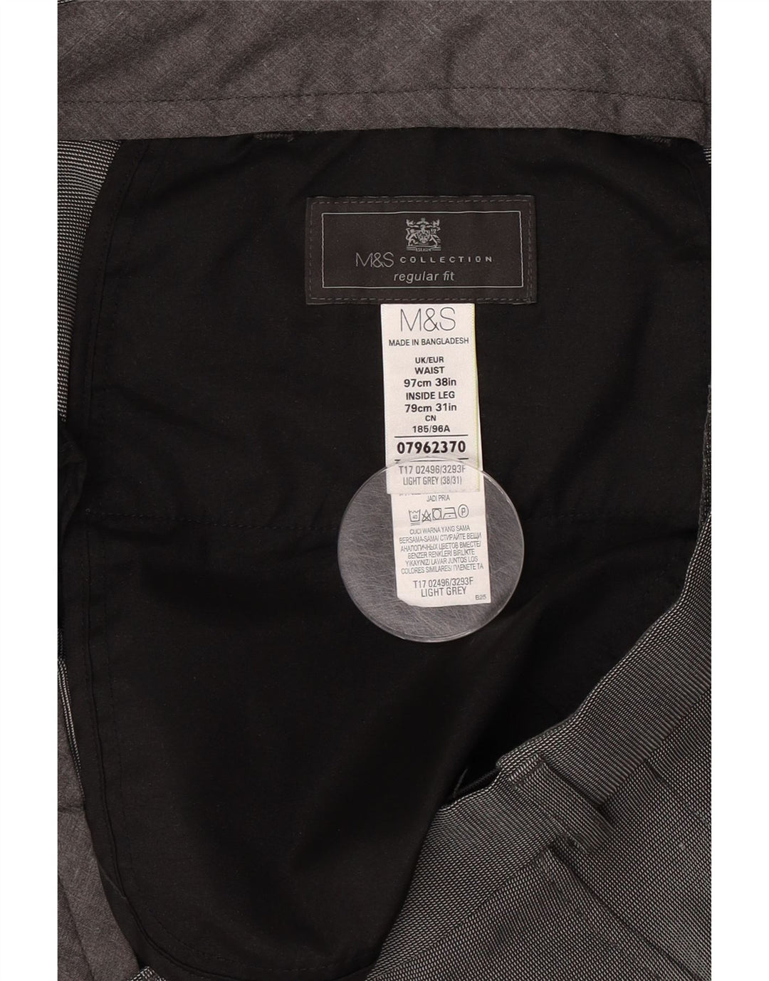 Calça masculina de ajuste regular Marks & Spencer W38 L31 poliéster cinza
