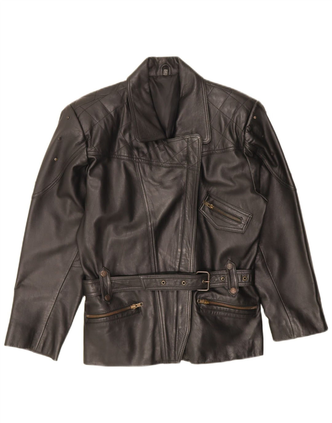 Jaqueta de couro superdimensionada para motociclista, feminina vintage, couro preto pequeno UE 36