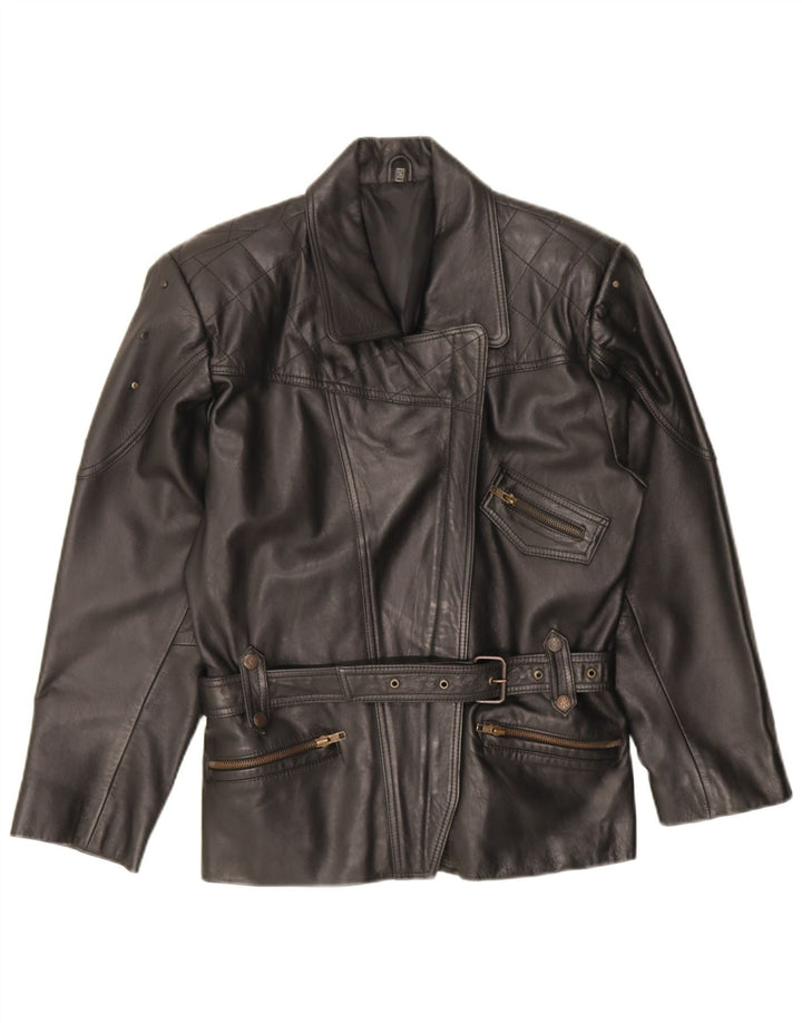 Jaqueta de couro superdimensionada para motociclista, feminina vintage, couro preto pequeno UE 36