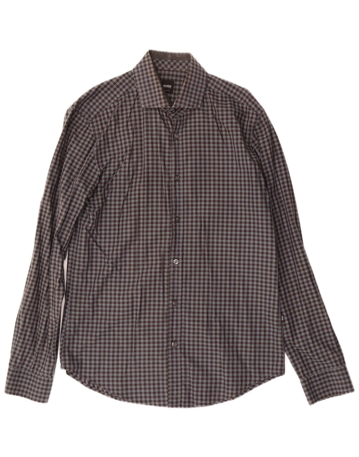 Camisa masculina slim fit HUGO BOSS guingão cinza médio