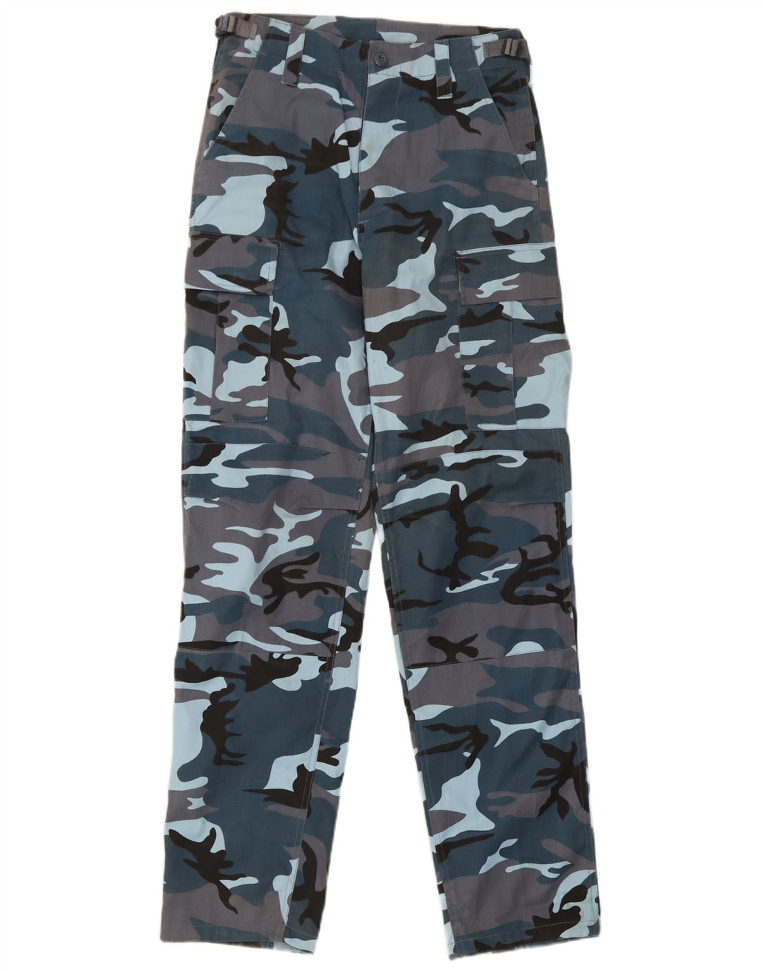 Calças cargo masculinas vintage de ajuste regular W30 L32 poliéster azul camuflado