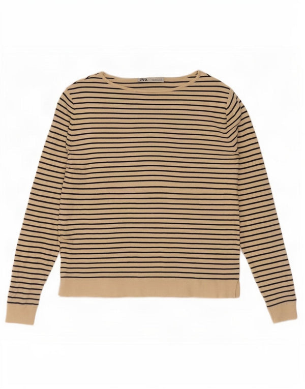 Zara Top feminino oversized manga comprida UK 10 pequeno bege listrado náutico