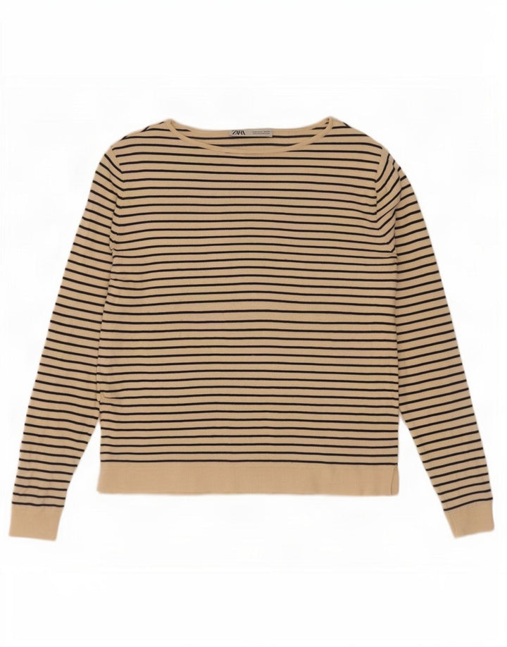 Zara Top feminino oversized manga comprida UK 10 pequeno bege listrado náutico