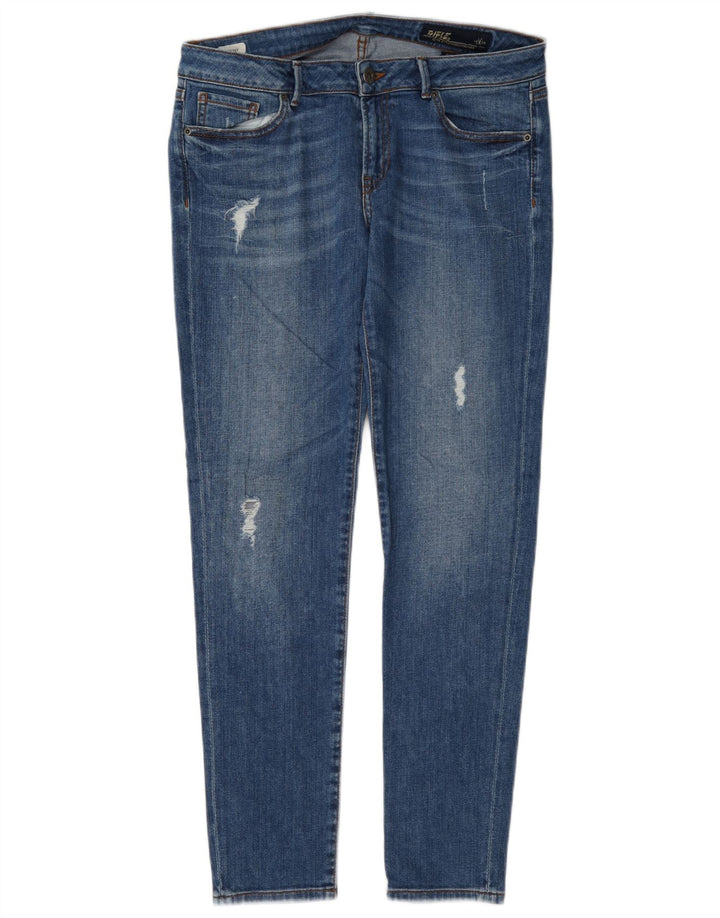 Rifle feminino jeans skinny desgastado W31 L29 azul