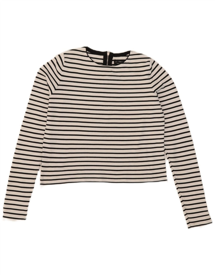 Zara Womens Crop Top Manga Longa Reino Unido 12 Médio Listrado Branco