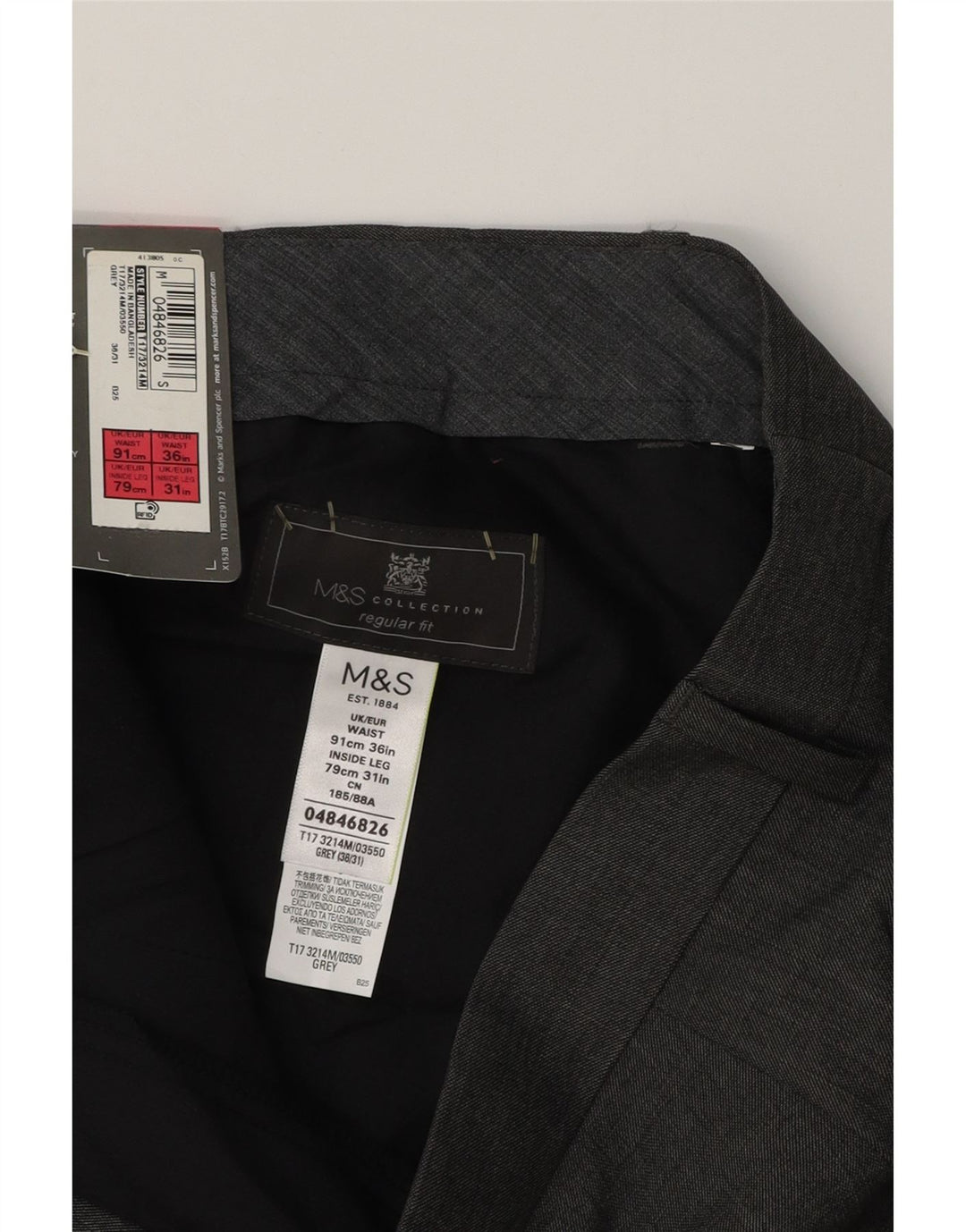 Calça masculina de ajuste regular MARKS & SPENCER W36 L31 poliéster cinza