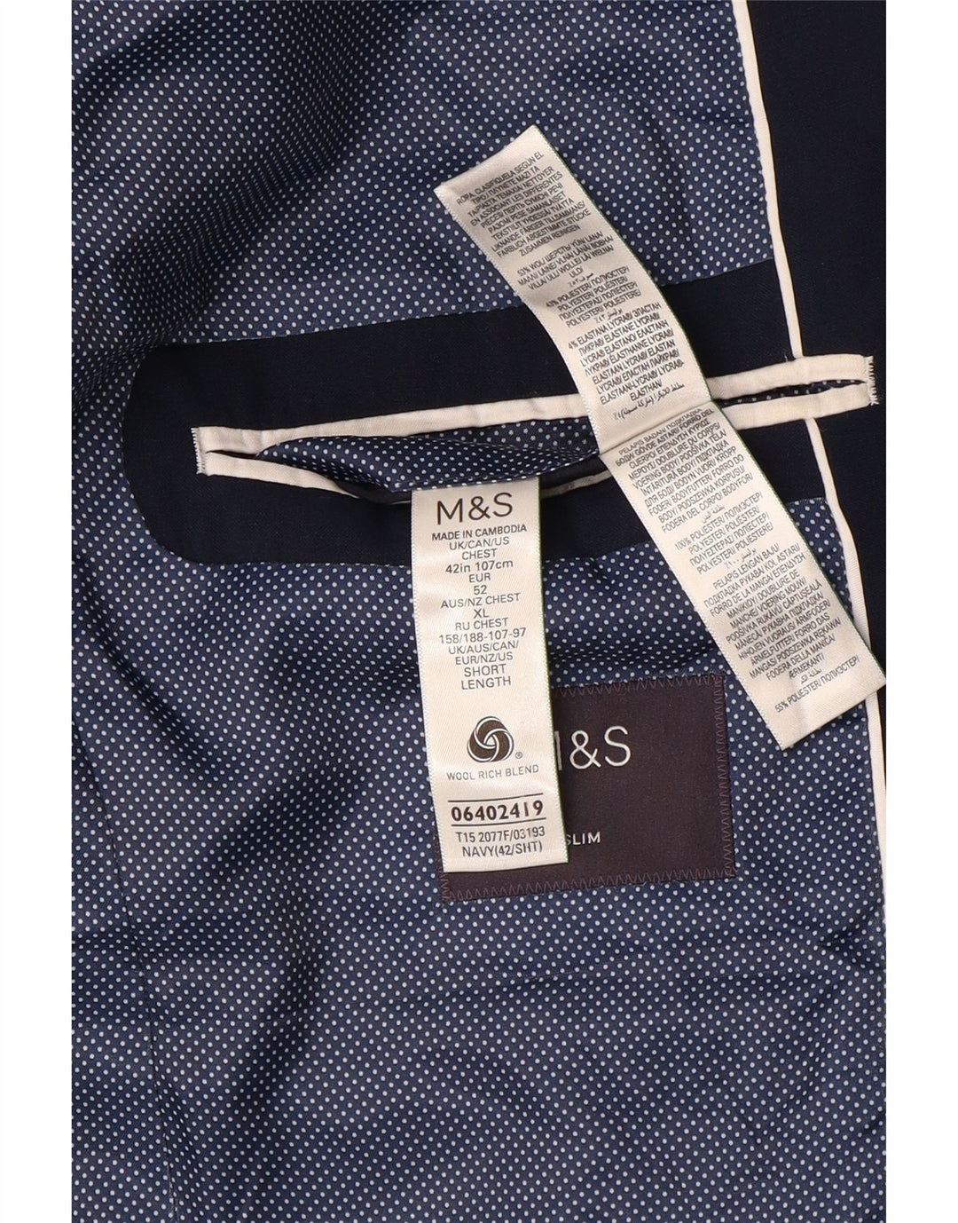 Jaqueta blazer masculina Marks & Spencer curta de 2 botões Reino Unido 42 XL lã azul marinho