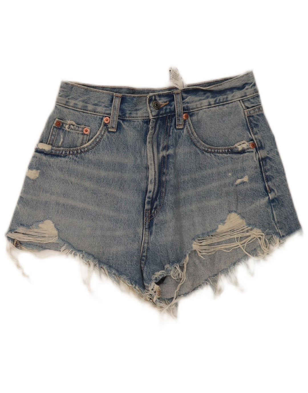 ZARA Shorts jeans feminino de cintura alta desgastado UE 34 2XS W24 algodão azul