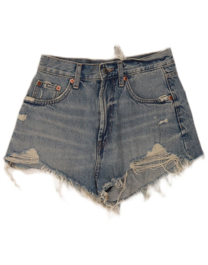 ZARA Shorts jeans feminino de cintura alta desgastado UE 34 2XS W24 algodão azul
