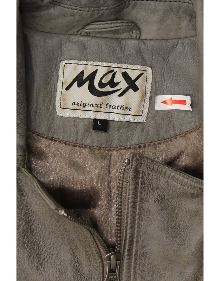 Max Womens Leather Biker Jacket UK 14 Grande Couro Cinza