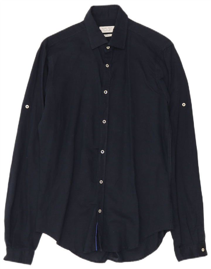 Camisa masculina Zara Slim Fit pequena linho azul marinho