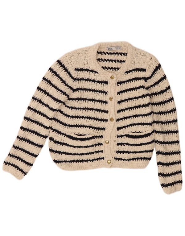 Suéter cardigã feminino Zara UK 14 algodão listrado branco médio