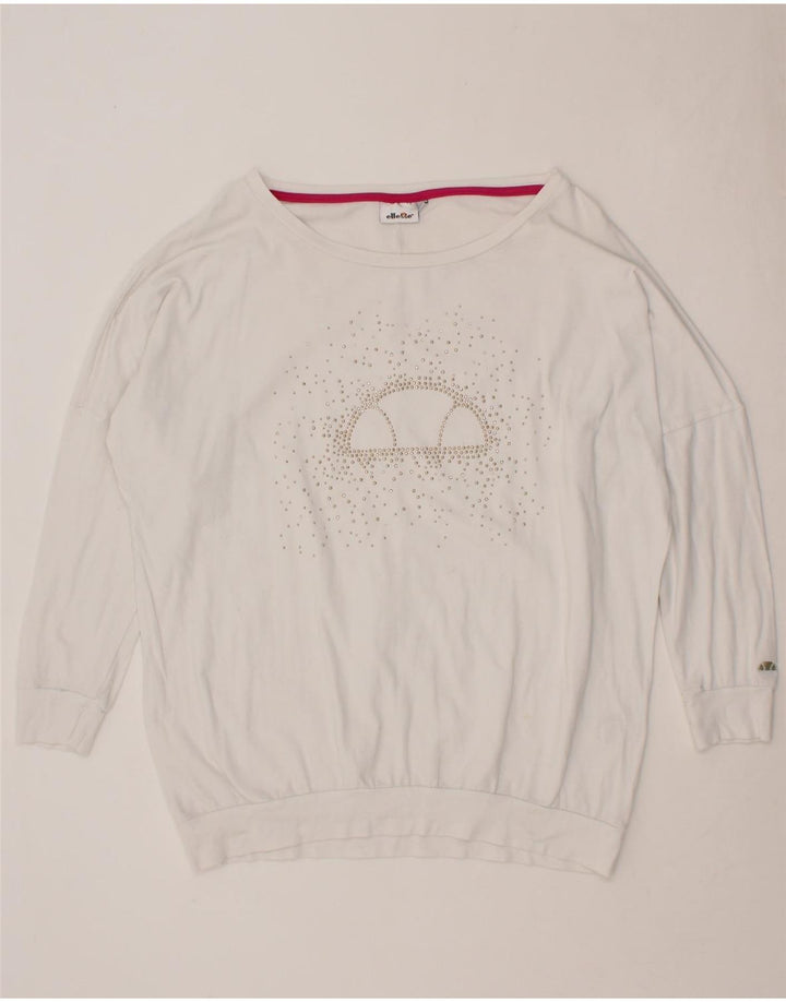 ELLESSE Womens Graphic Sweatshirt Jumper UK 14 Medium White Cotton Vintage Ellesse and Second-Hand Ellesse from Messina Hembry 