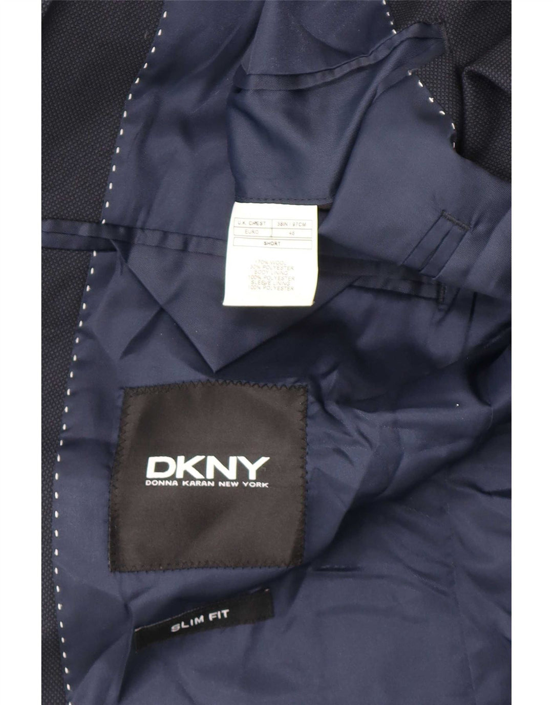 Jaqueta blazer masculina Dkny com 2 botões slim fit UE 46 pequena lã azul marinho