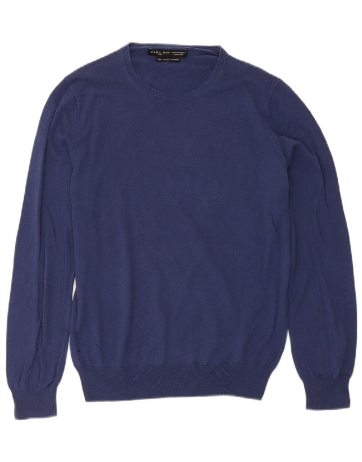 Zara Suéter masculino com gola redonda e seda azul marinho médio