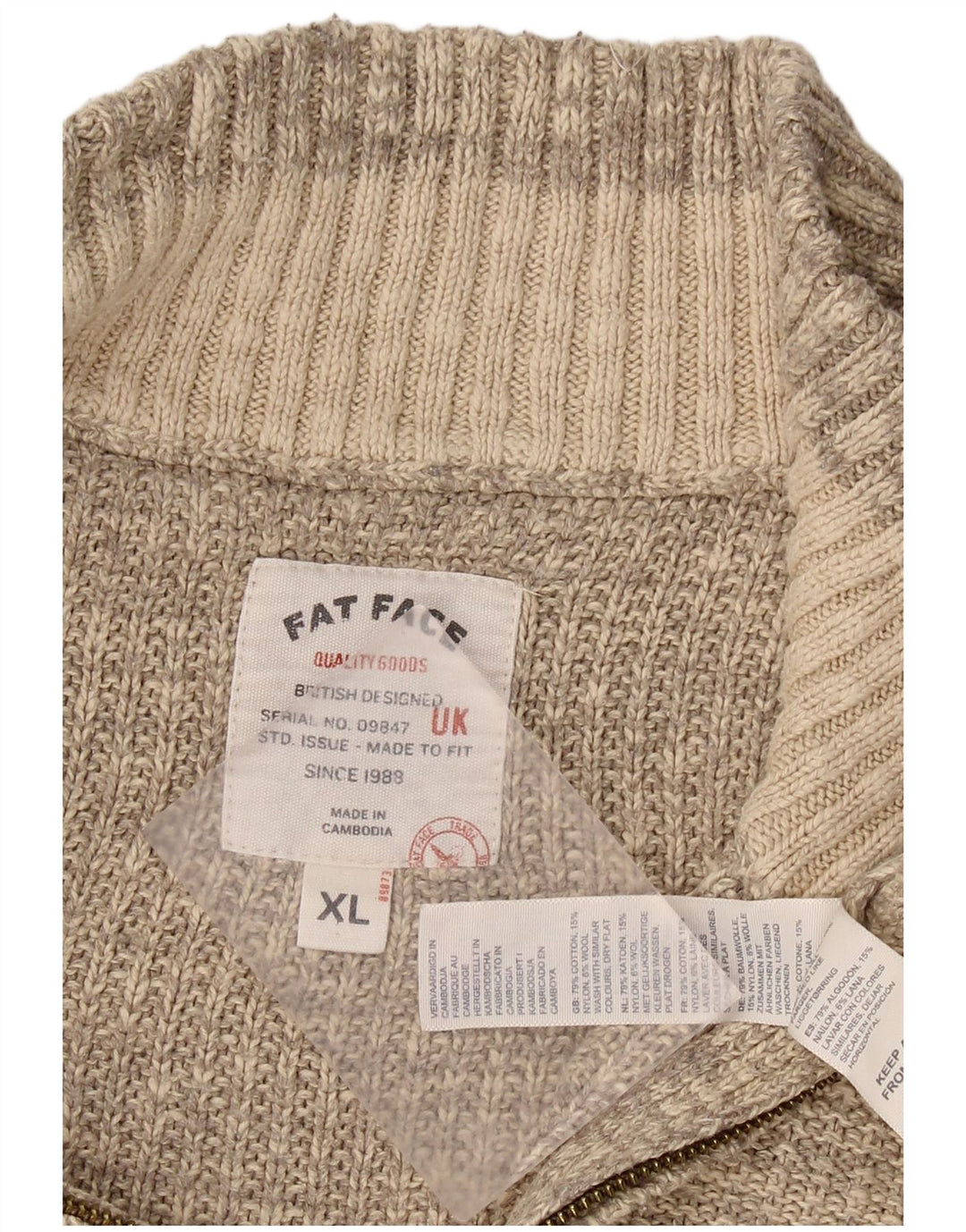 Suéter masculino FAT FACE com zíper e gola XL algodão cinza