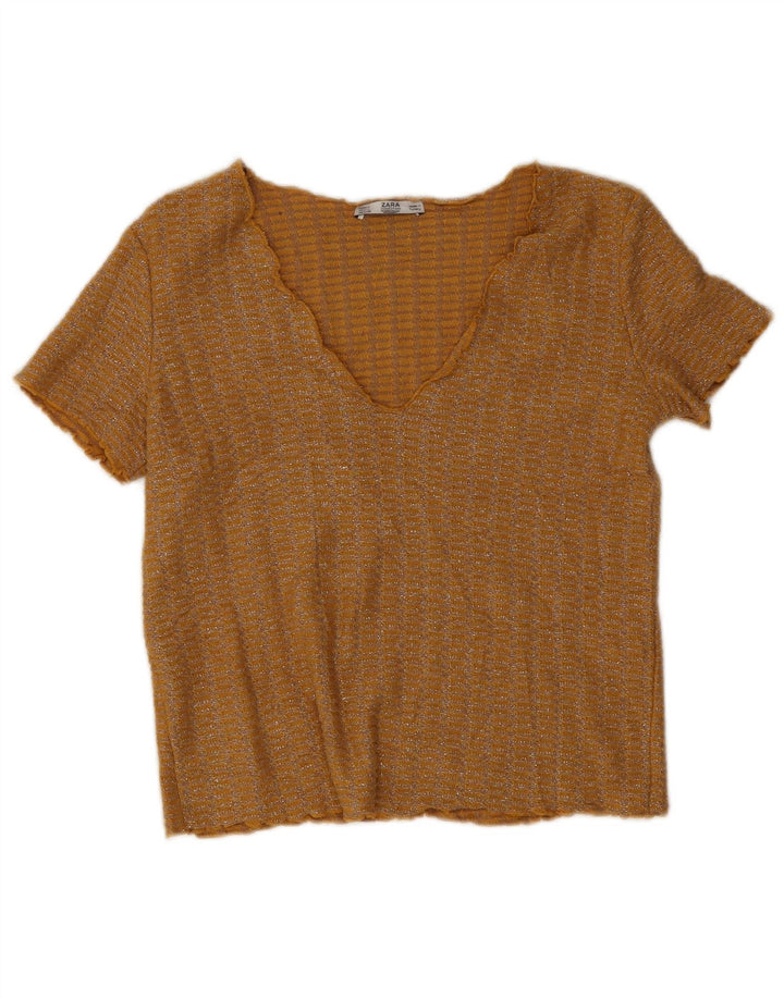 Blusa feminina Zara Top UK 10 poliéster manchado amarelo pequeno