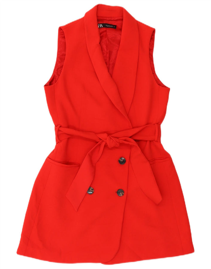 Colete feminino Zara Double Breasted Longline UK 10 pequeno poliéster vermelho