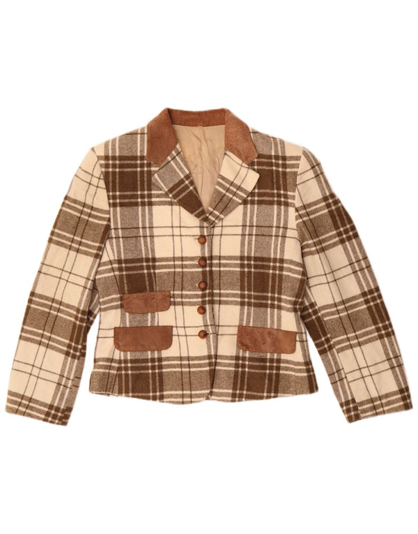Jaqueta blazer feminina vintage com 5 botões Reino Unido 14 poliacrílico xadrez marrom médio