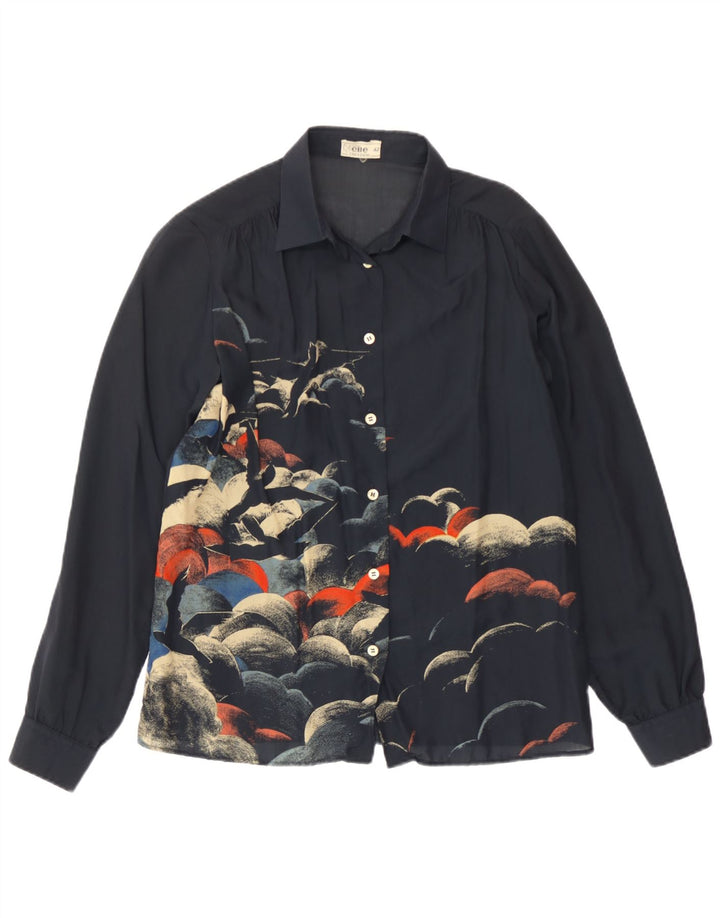 Camisa gráfica feminina vintage IT 42 acetato azul marinho médio