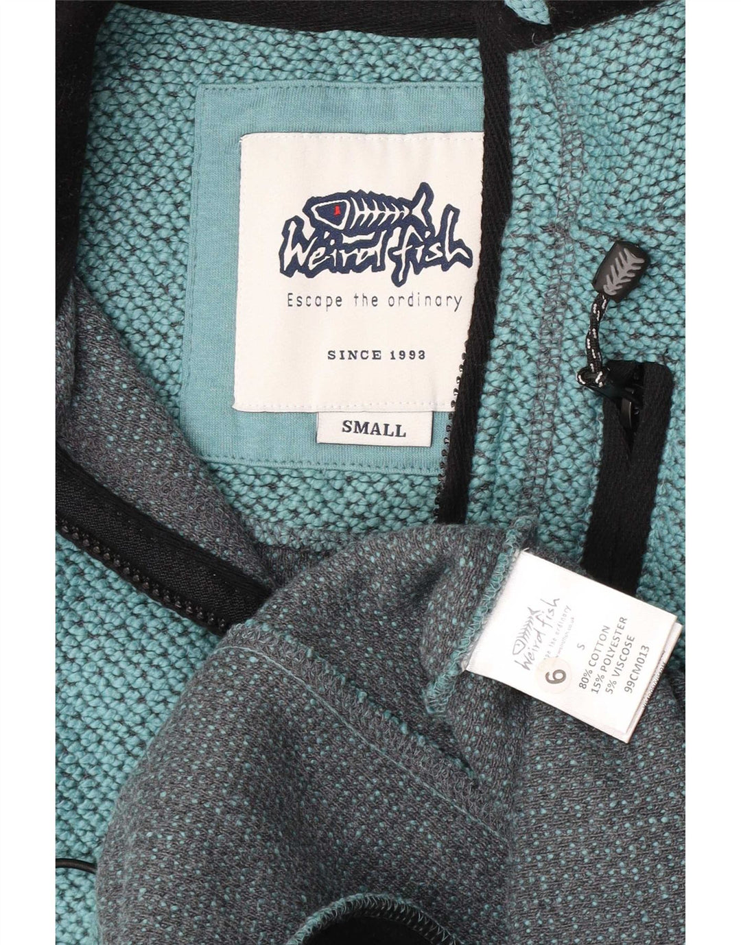 Weird Fish Mens Gráfico Zip Neck Moletom Jumper Pequeno Algodão Turquesa