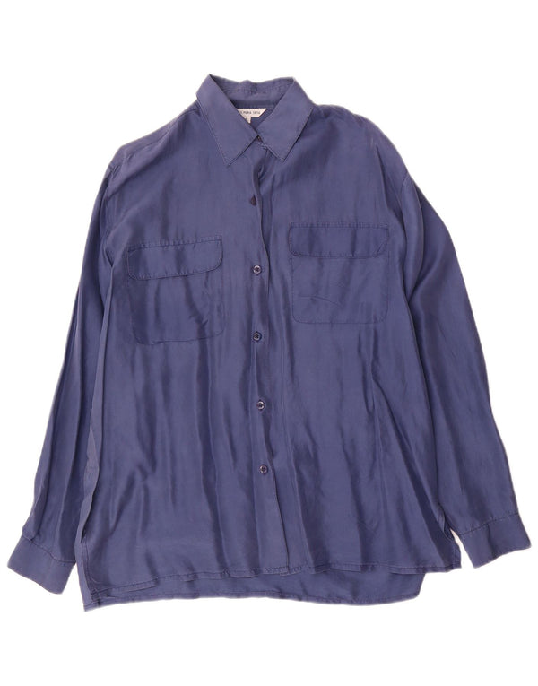 Blusa camisa feminina vintage Reino Unido 16 grande seda azul marinho