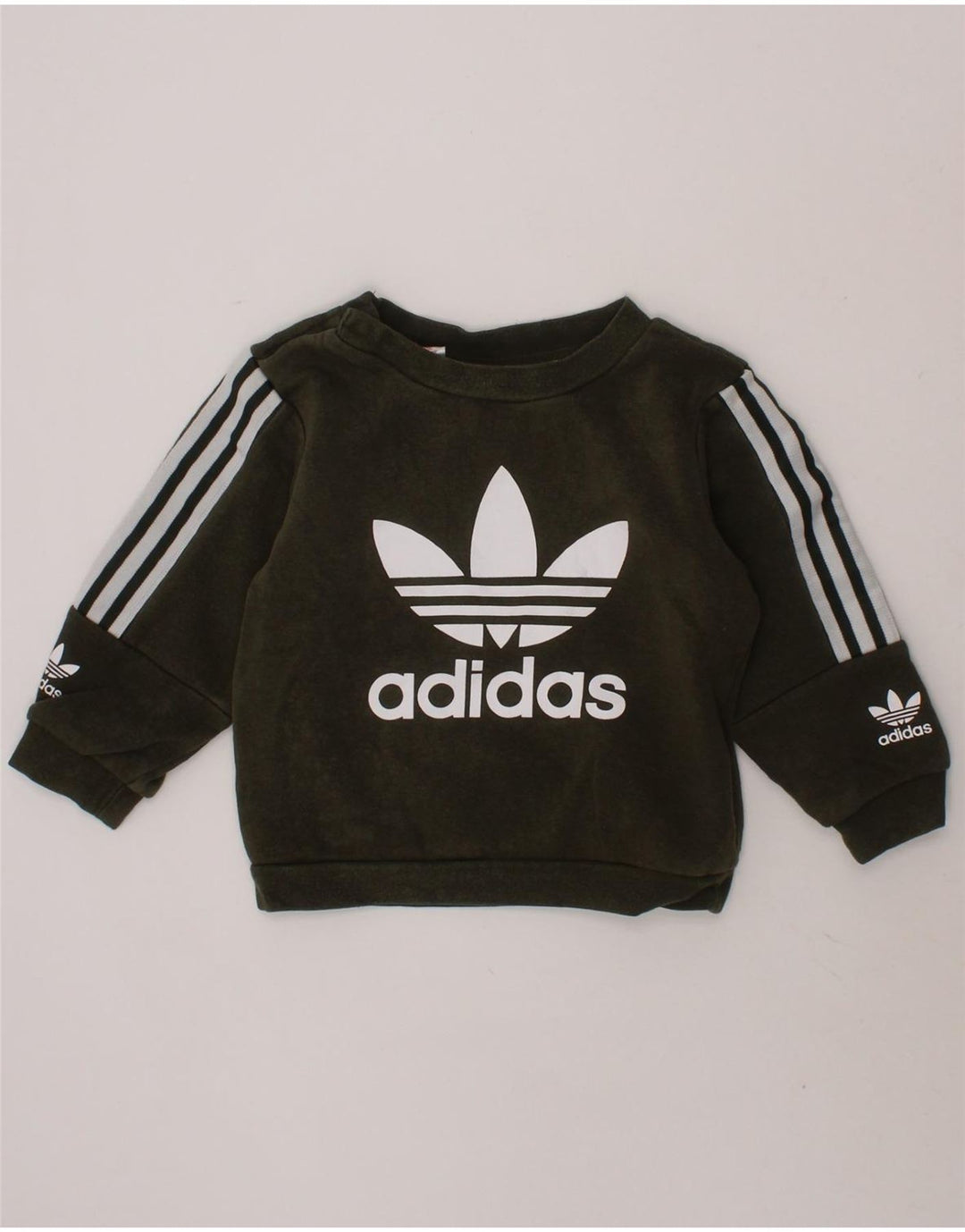 ADIDAS Baby Boys Graphic Sweatshirt Jumper 9-12 Months Khaki Cotton Vintage Adidas and Second-Hand Adidas from Messina Hembry 
