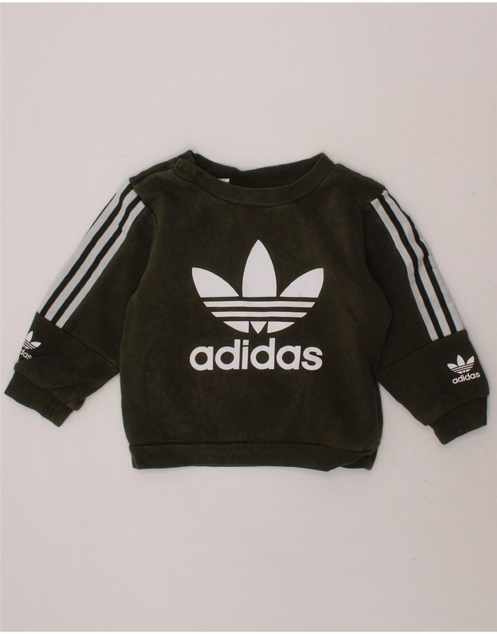 ADIDAS Baby Boys Graphic Sweatshirt Jumper 9-12 Months Khaki Cotton Vintage Adidas and Second-Hand Adidas from Messina Hembry 