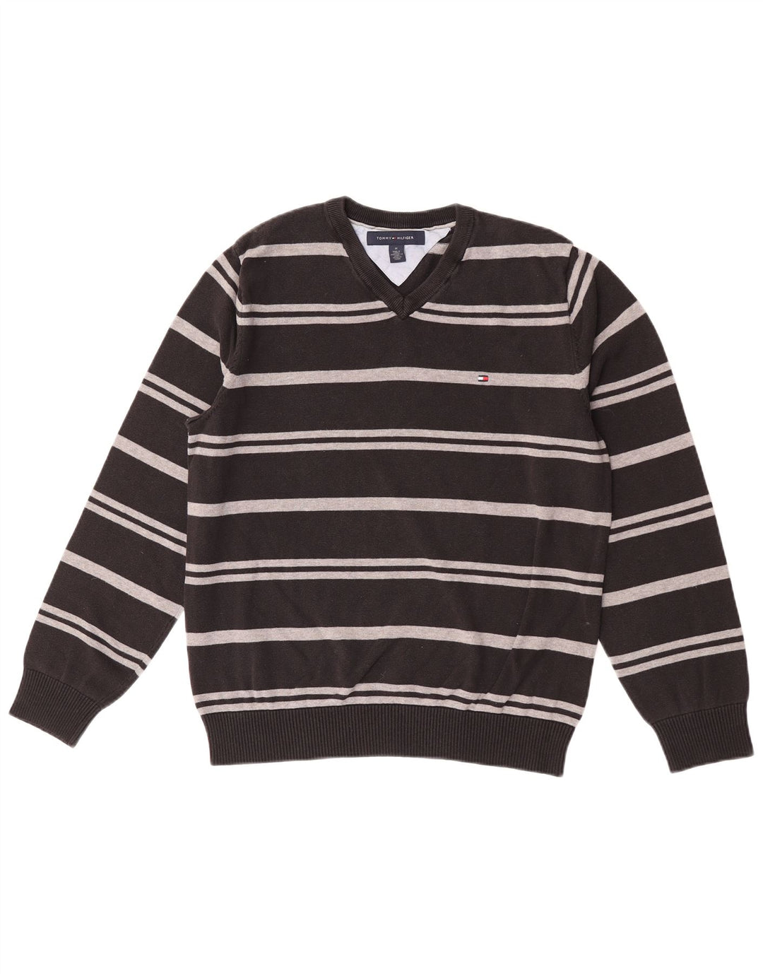 Suéter masculino Tommy Hilfiger com decote em V médio listrado preto de algodão