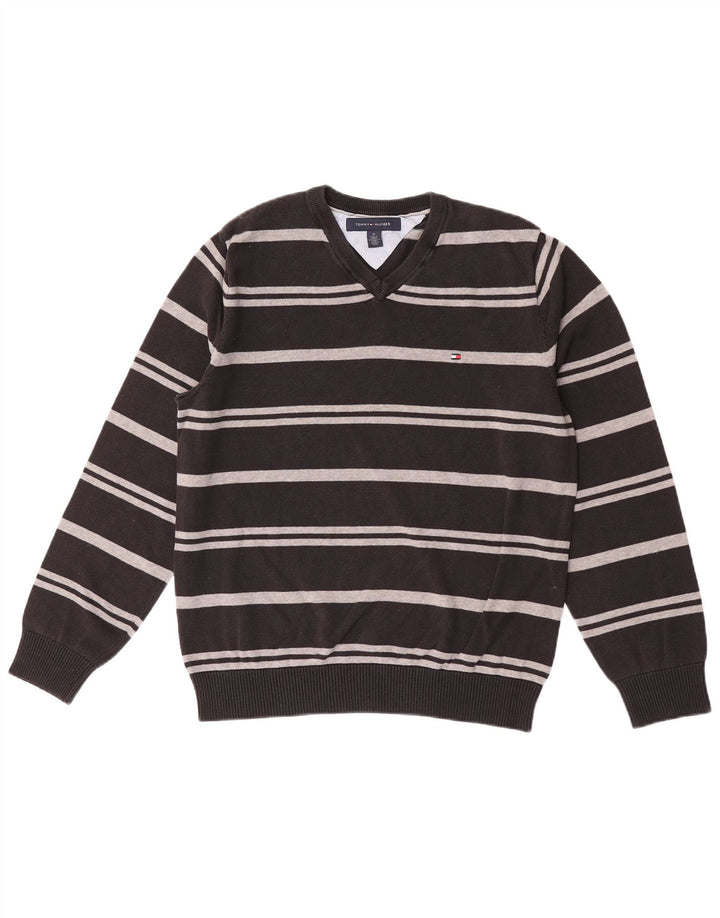 Suéter masculino Tommy Hilfiger com decote em V médio listrado preto de algodão