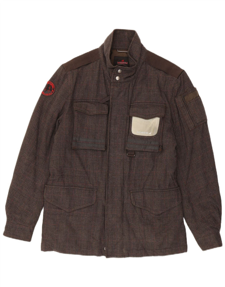 Jaqueta corta-vento masculina Museum UK 40 grande algodão houndstooth marrom