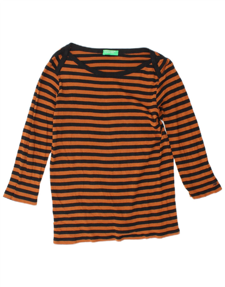 Top feminino BENETTON manga 3/4 UK 12 listrado laranja médio