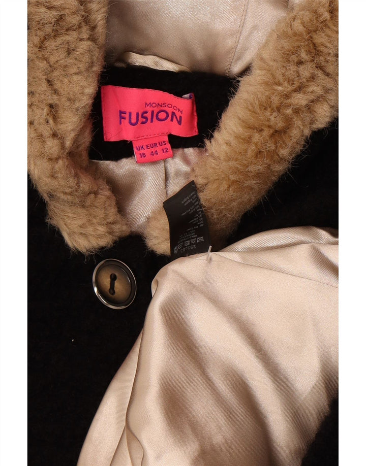 Sobretudo feminino Monsoon com capuz Reino Unido 16 grande lã preta