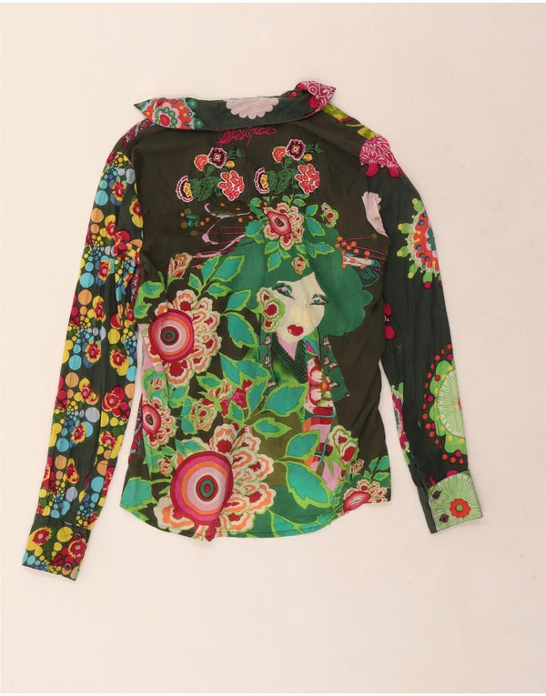 Blusa camisa feminina Desigual Reino Unido 10 algodão floral verde pequeno